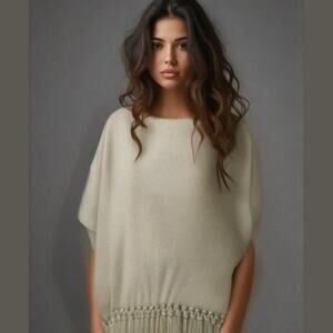 Francesca's Cream Gold Metallic Fringed Sweater Knit Poncho Cape OS